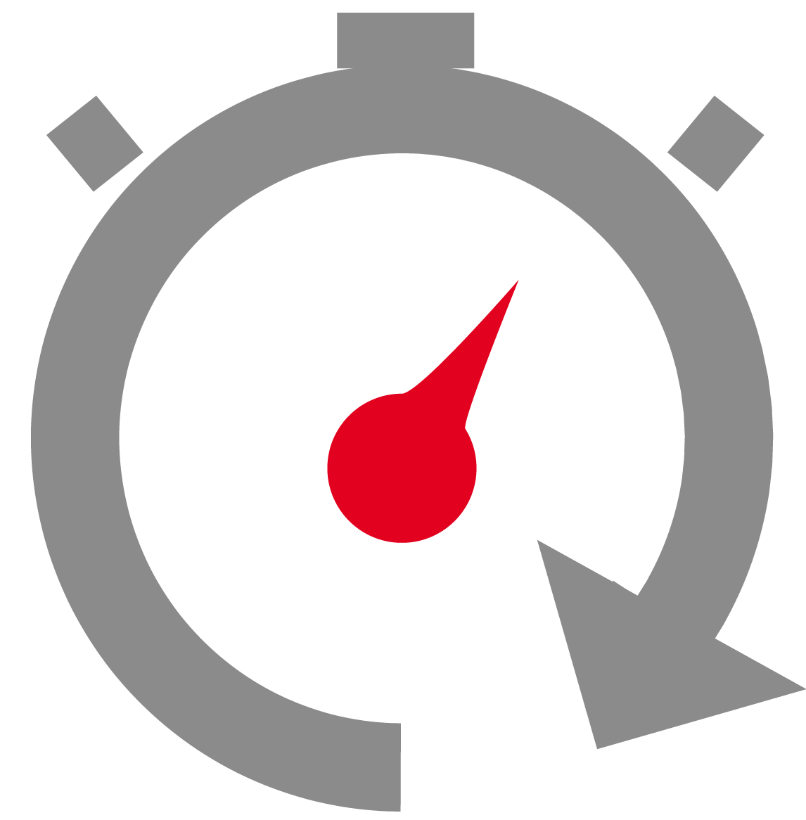 A stopwatch with a red needle and an arrow pointing to the right.
