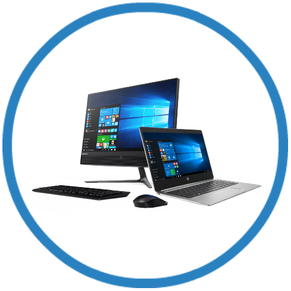 A computer monitor , laptop and mouse are in a blue circle.