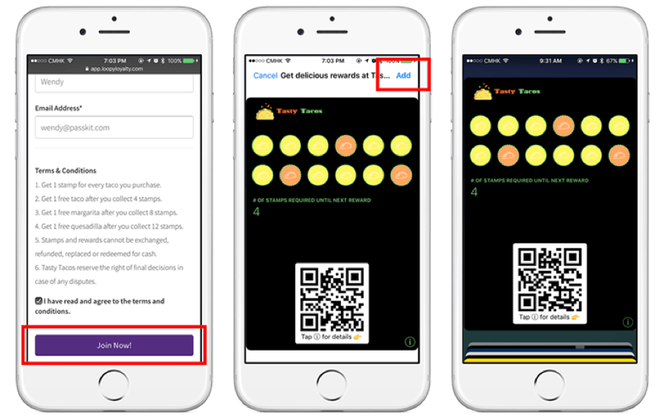 Three cell phones are shown with a qr code on the screen.