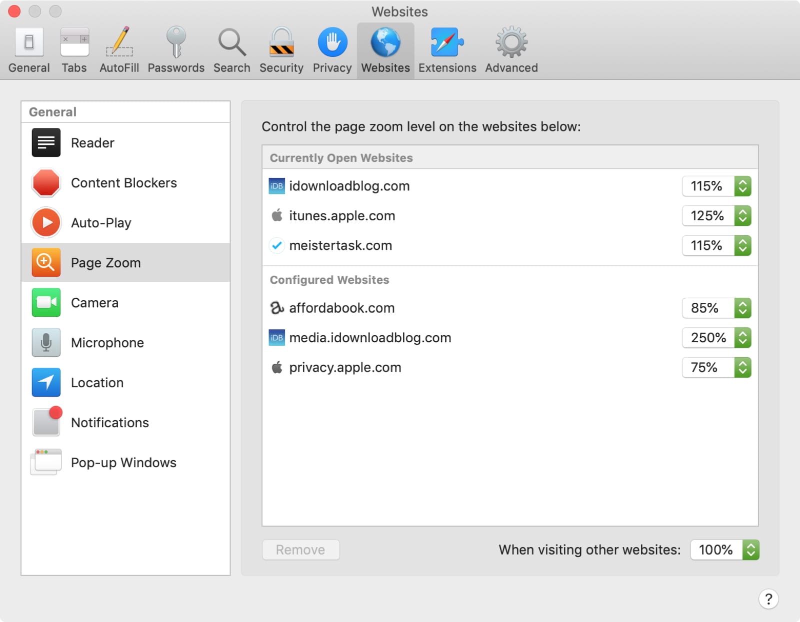 A screenshot of a browser window showing the page zoom level