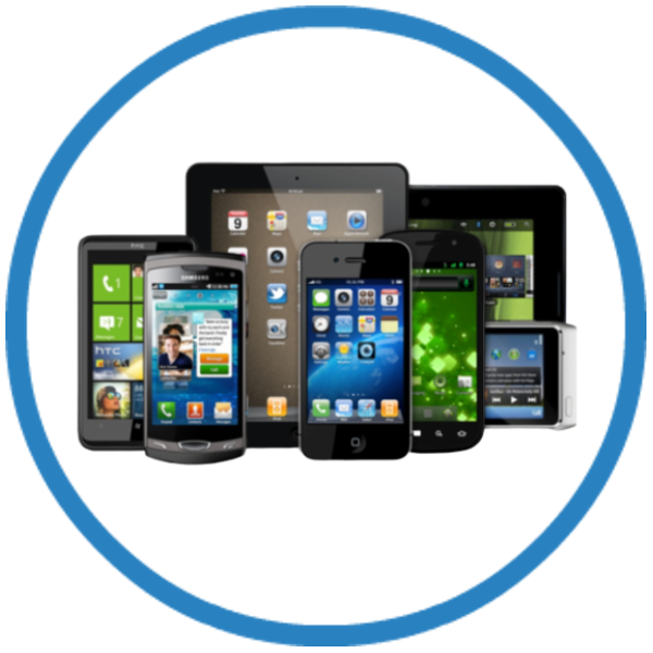 A group of cell phones and tablets in a blue circle