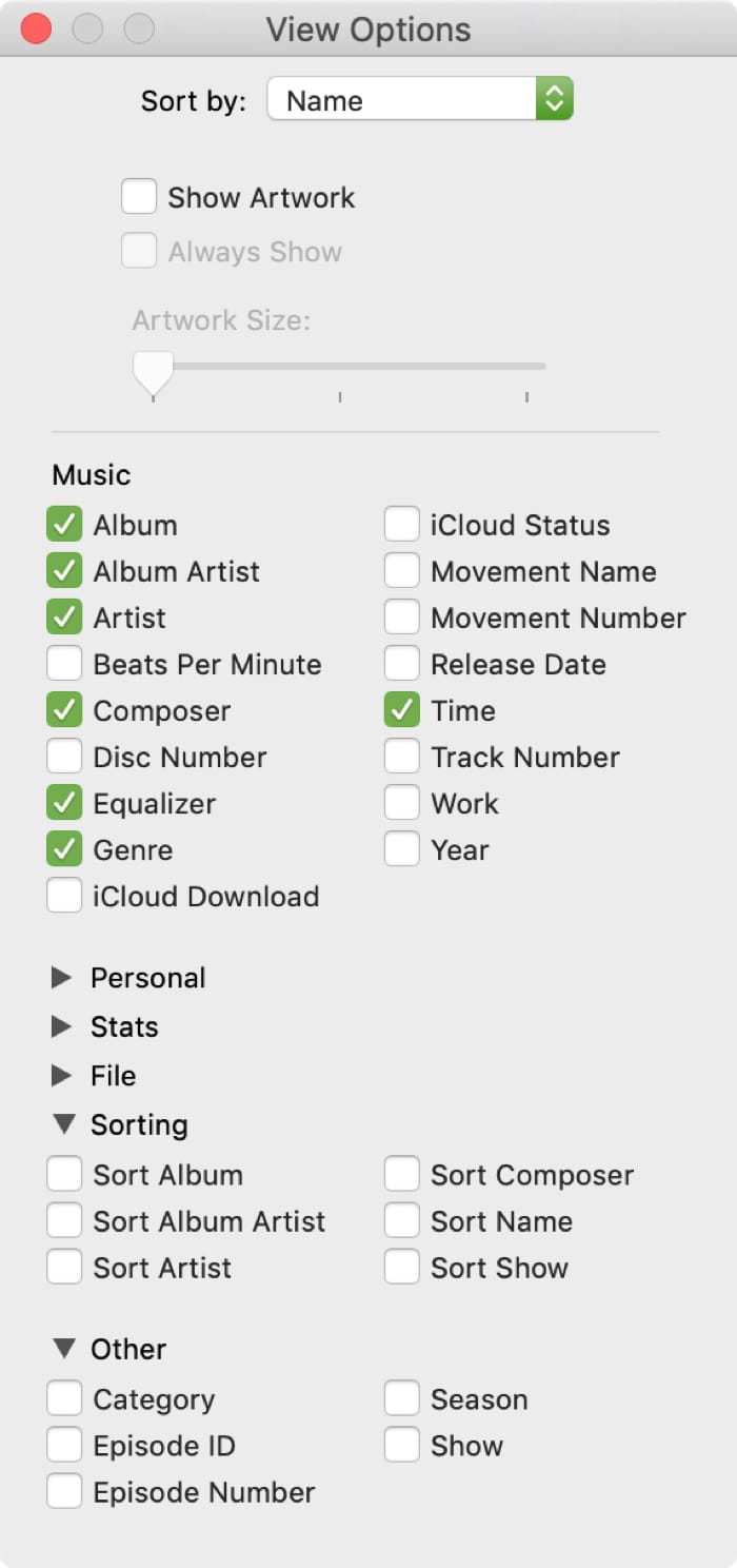A screenshot of the view options window on a mac computer.