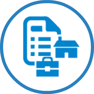 A blue icon with a house and a paper in a circle.