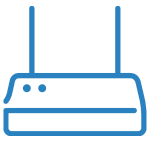 A blue line-art icon of a wireless router with two vertical antennas and two small circular indicator lights.