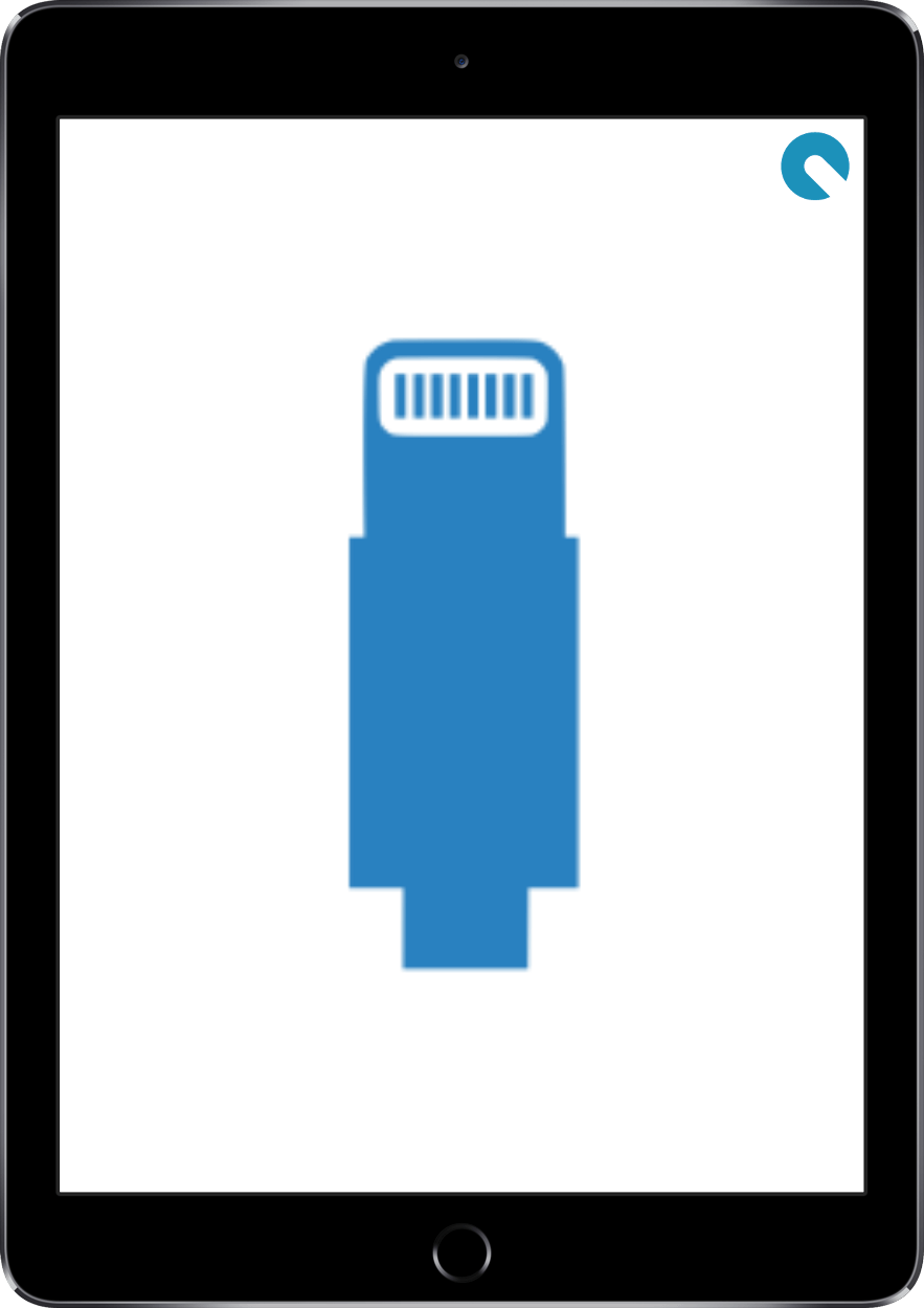 A tablet with a blue lightning cable icon on it.