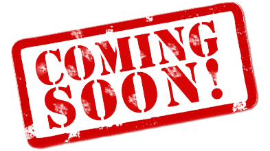 A red and white stamp that says coming soon