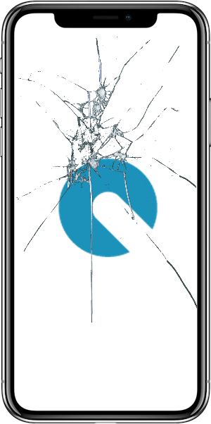 A cell phone with a broken screen and a blue circle on it.