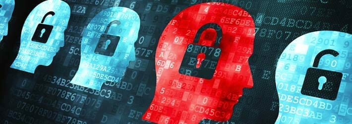 A red head with a padlock on it is surrounded by blue heads.