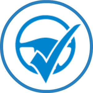 A blue check mark in a circle on a white background