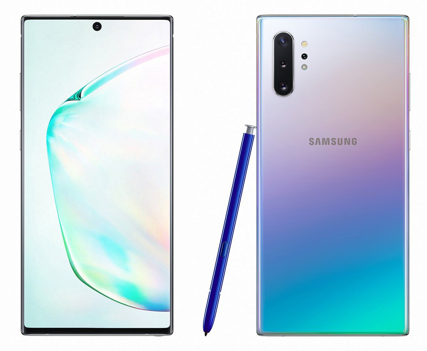 The front and back of a samsung galaxy note 10 plus with a s pen.