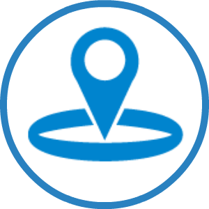 A blue map pin in a blue circle on a white background.