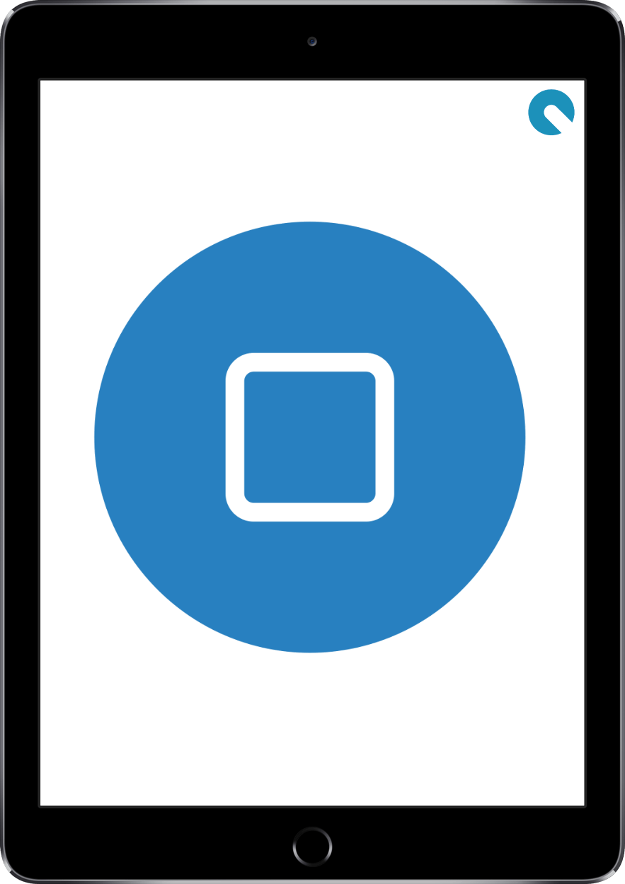 A tablet with a blue circle with a square in it.