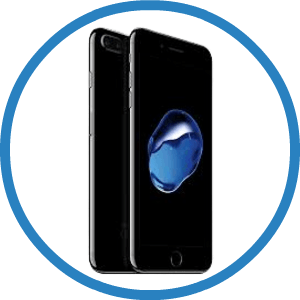 Two black iphones are sitting next to each other in a blue circle.