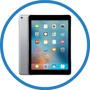 A tablet with a lot of apps on it is in a blue circle.