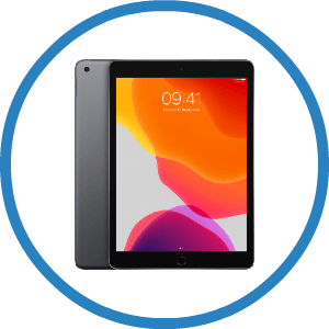 A tablet is in a blue circle on a white background.