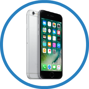 A silver and black iphone is sitting in a blue circle.