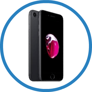 A black iphone 7 in a blue circle on a white background.