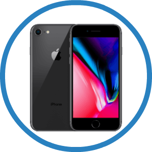 A black iphone 8 is in a blue circle on a white background.