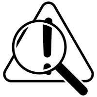 A magnifying glass is looking at an exclamation point in a triangle.