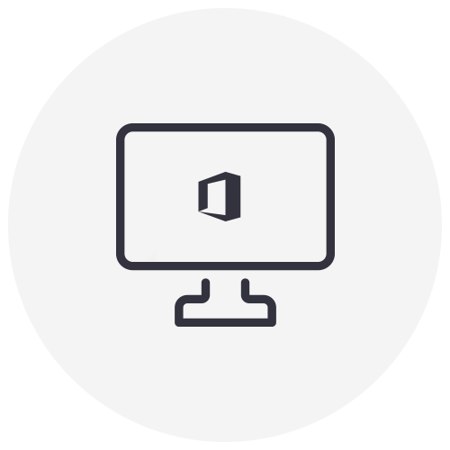 A computer monitor with an office logo on it in a circle.