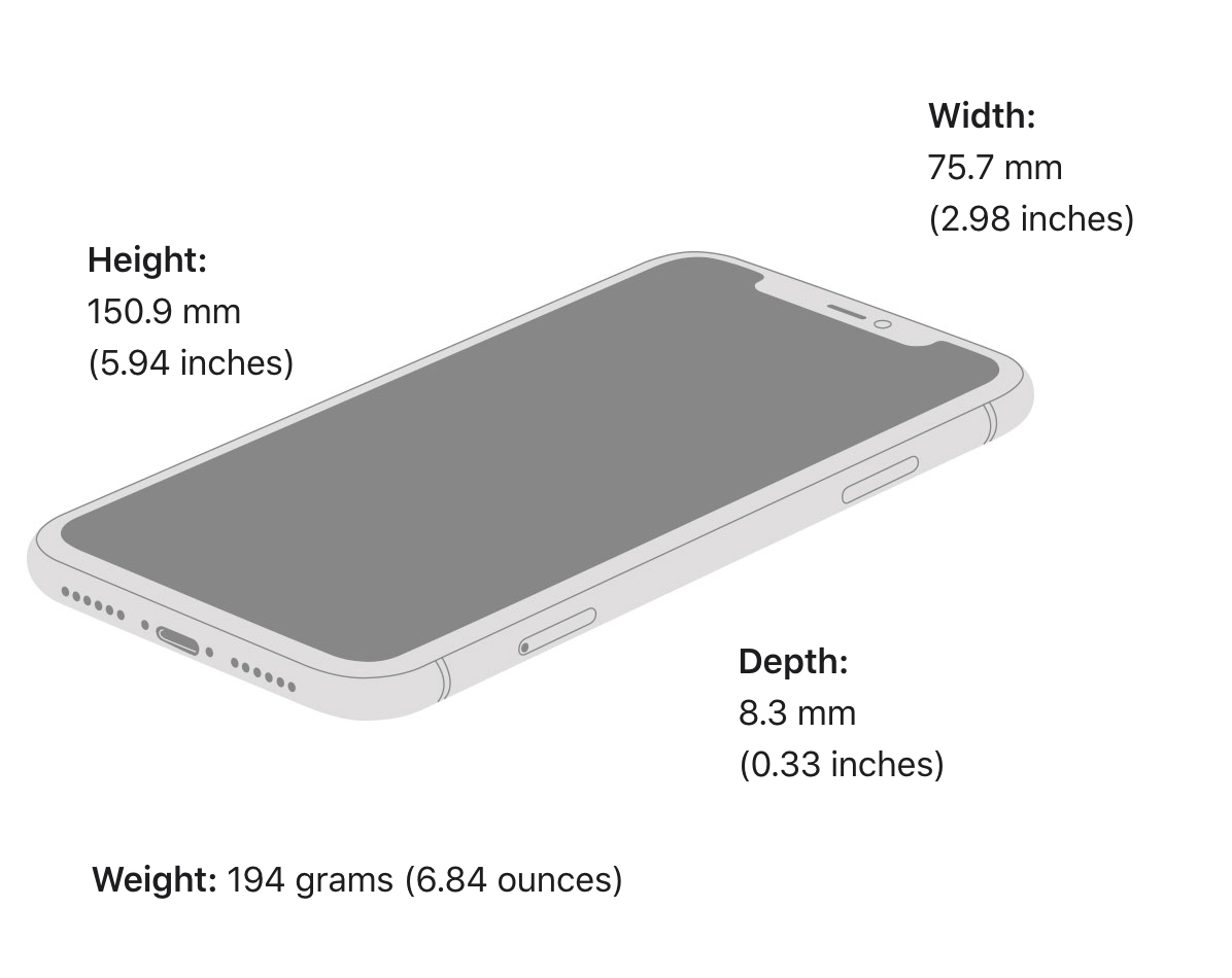A drawing of a cell phone with measurements including height , width , depth and weight.