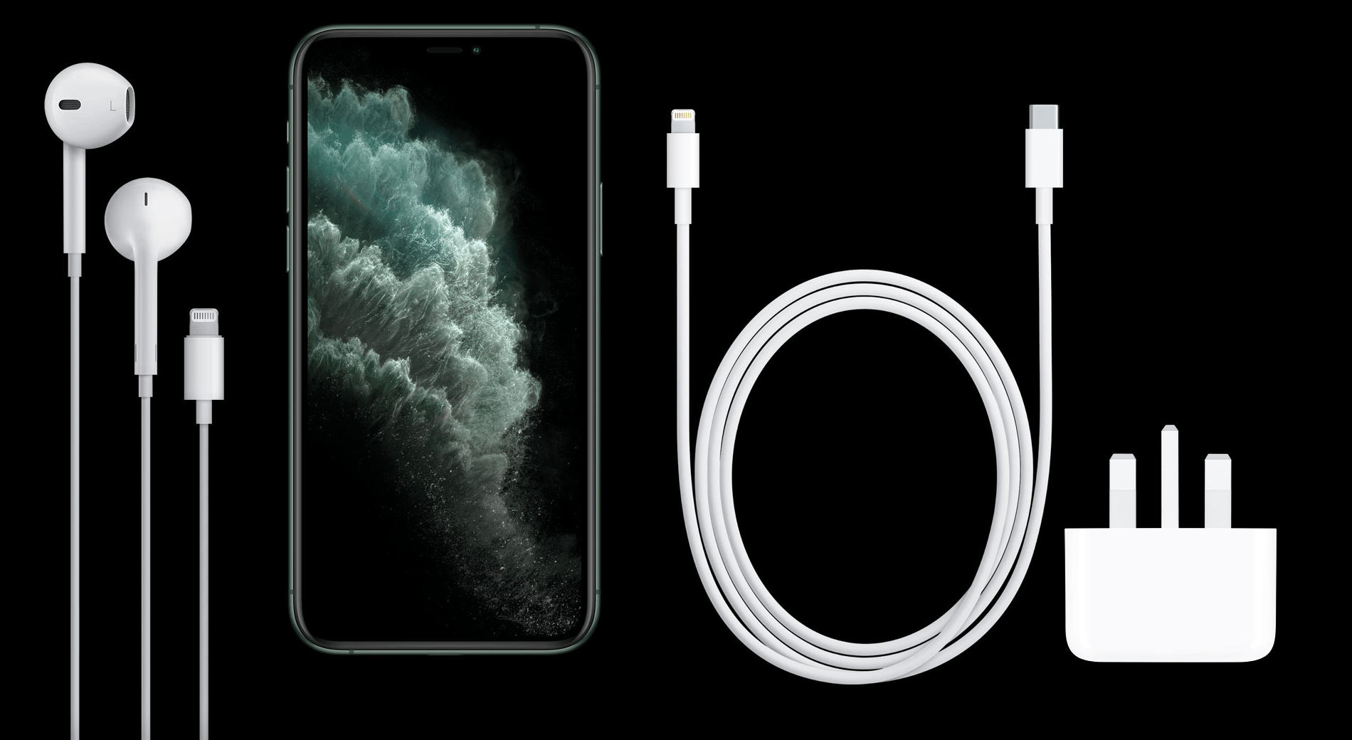 A white smartphone with white wired EarPods, a USB-C to Lightning cable, and a wall plug on a black background.