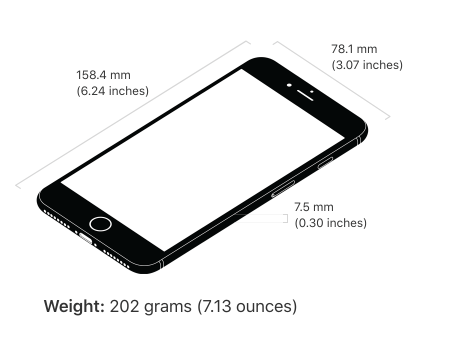 A drawing of a cell phone with the weight of 202 grams