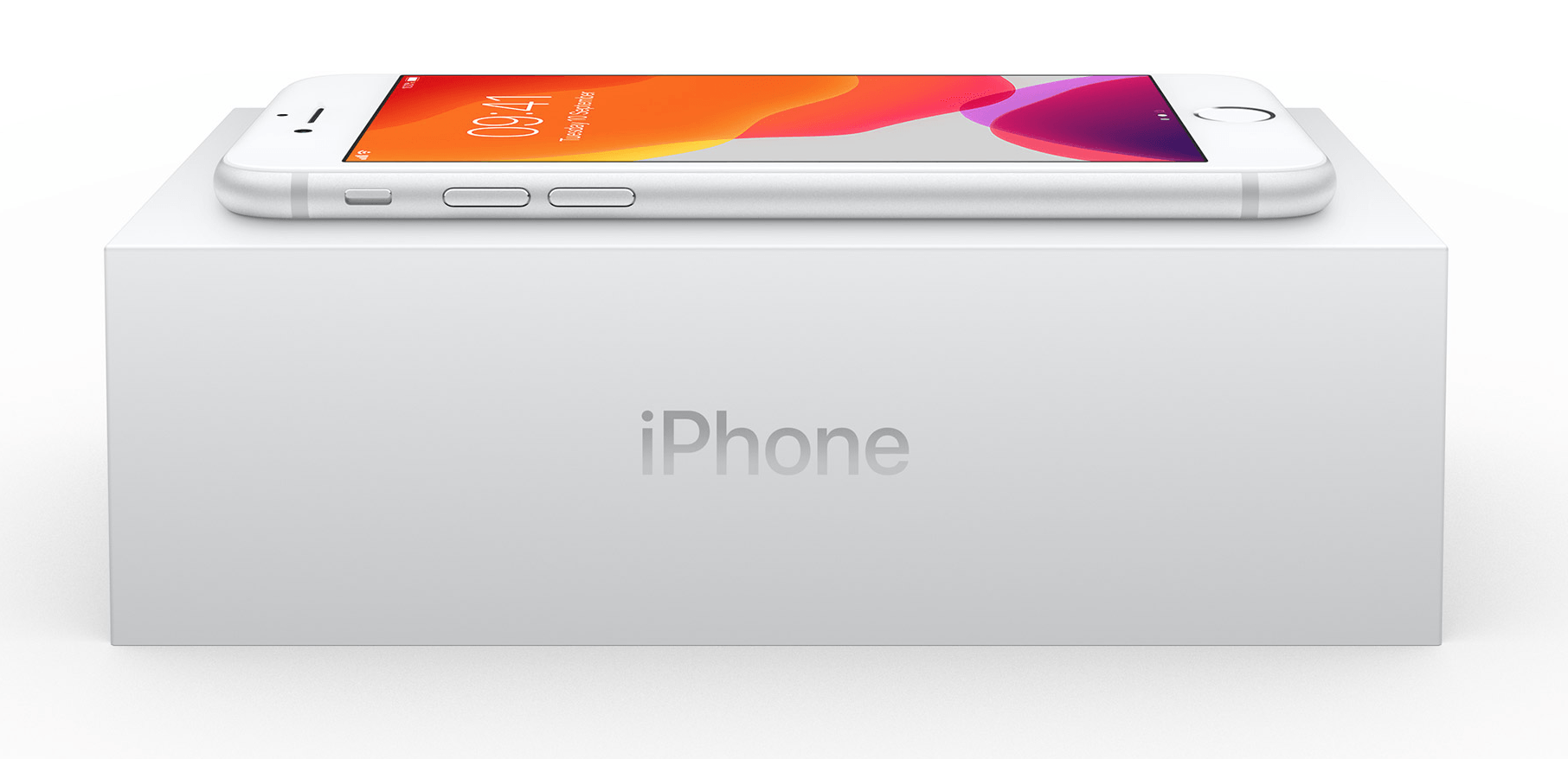 A white iphone is sitting on top of a white box