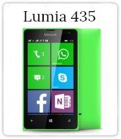 A green microsoft lumia 435 cell phone with icons on the screen.