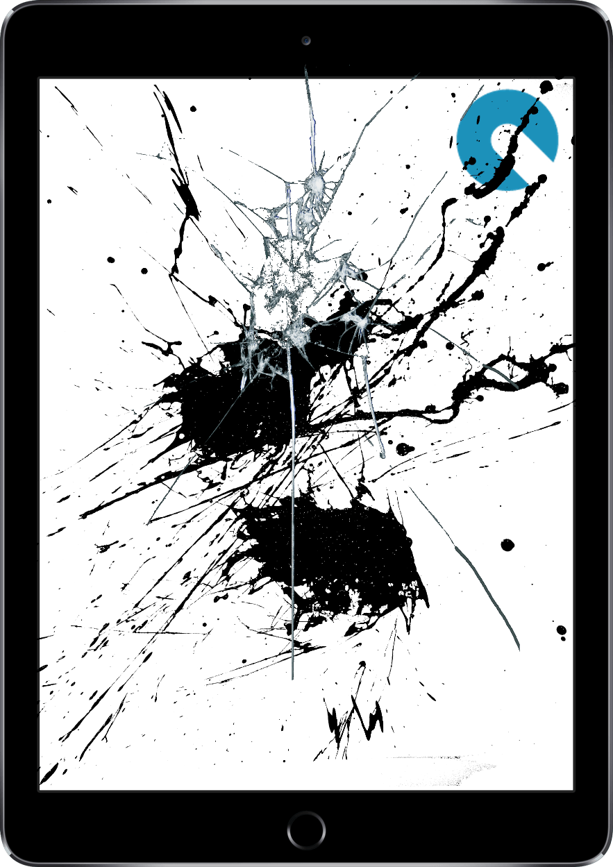 A tablet with a broken screen on it.