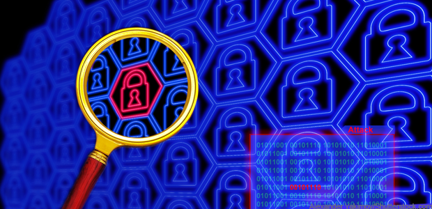 A magnifying glass is looking at a pattern of locks on a blue background.