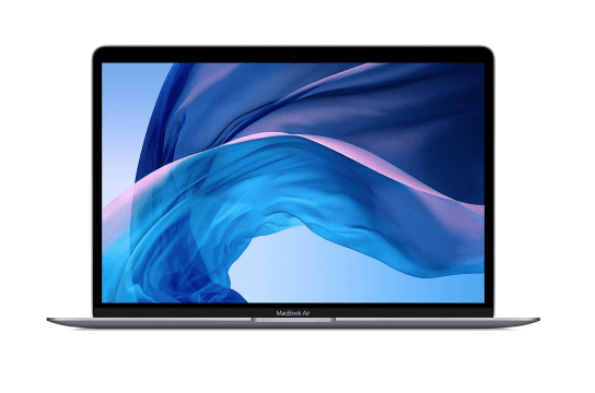 A macbook air laptop with a blue screen on a white background.