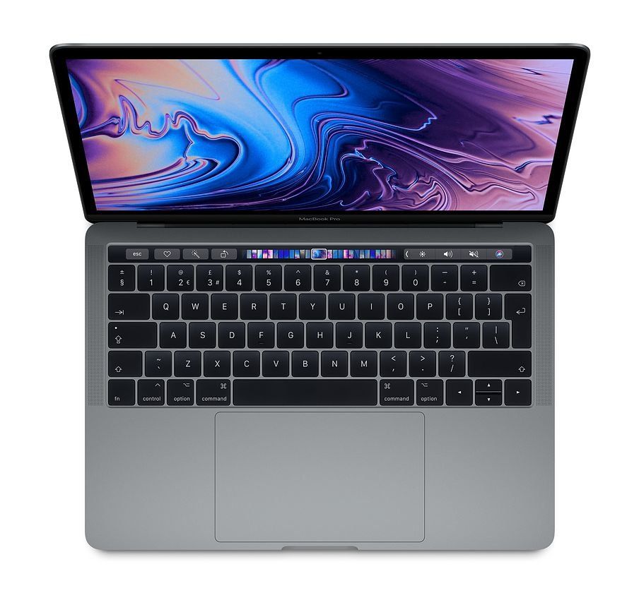 A macbook pro is open and sitting on a white surface.