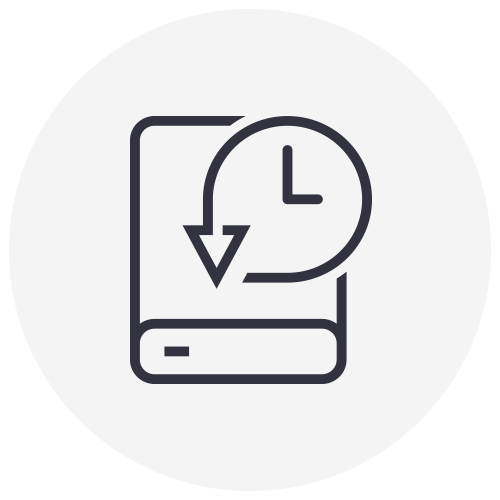 A line icon of a cell phone with a clock and an arrow pointing down.