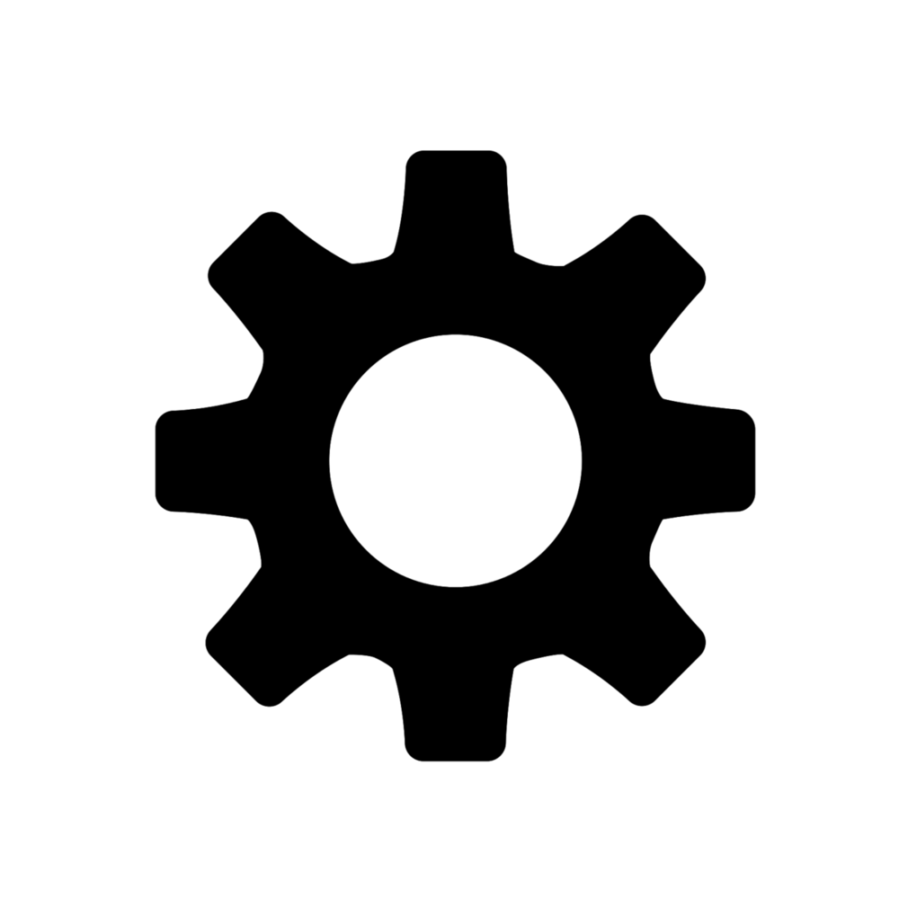 A black gear with a circle in the middle on a white background.