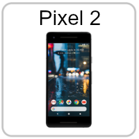 A pixel 2 cell phone with a blurry picture of a city on the screen.