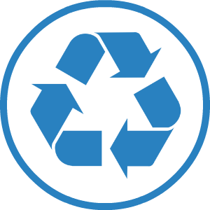 A blue recycling symbol in a white circle