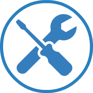 A wrench and screwdriver are crossed in a blue circle.
