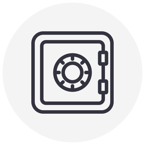 A safe icon in a circle on a white background.