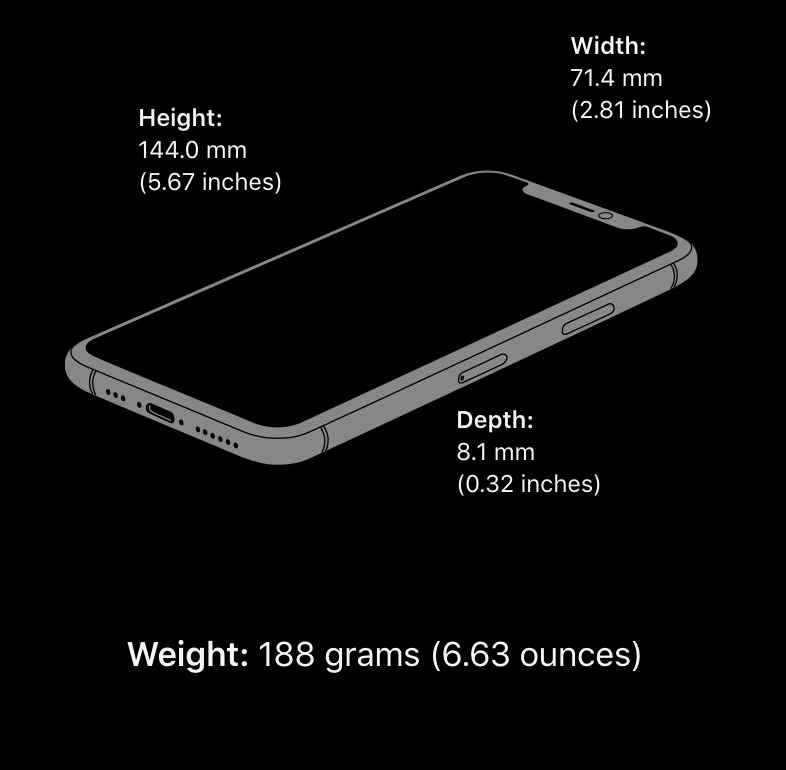 A drawing of a cell phone with measurements of height , width , depth and weight.