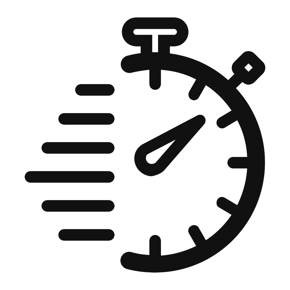 A black and white icon of a stopwatch on a white background.