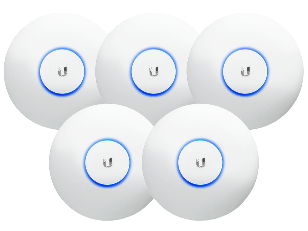 Five white circular Ubiquiti UniFi wireless access points arranged in a cluster, each featuring a glowing blue ring light.