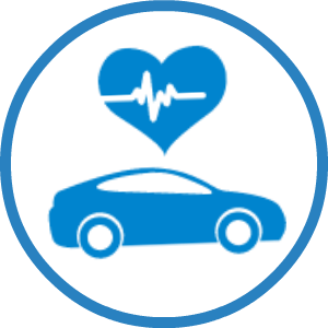 A blue car with a heartbeat above it in a blue circle.