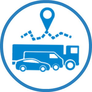 A blue circle with a truck and a car in it