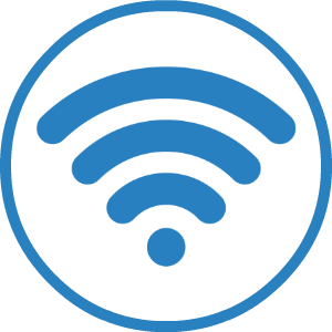 A blue and white icon of a wifi signal in a circle.