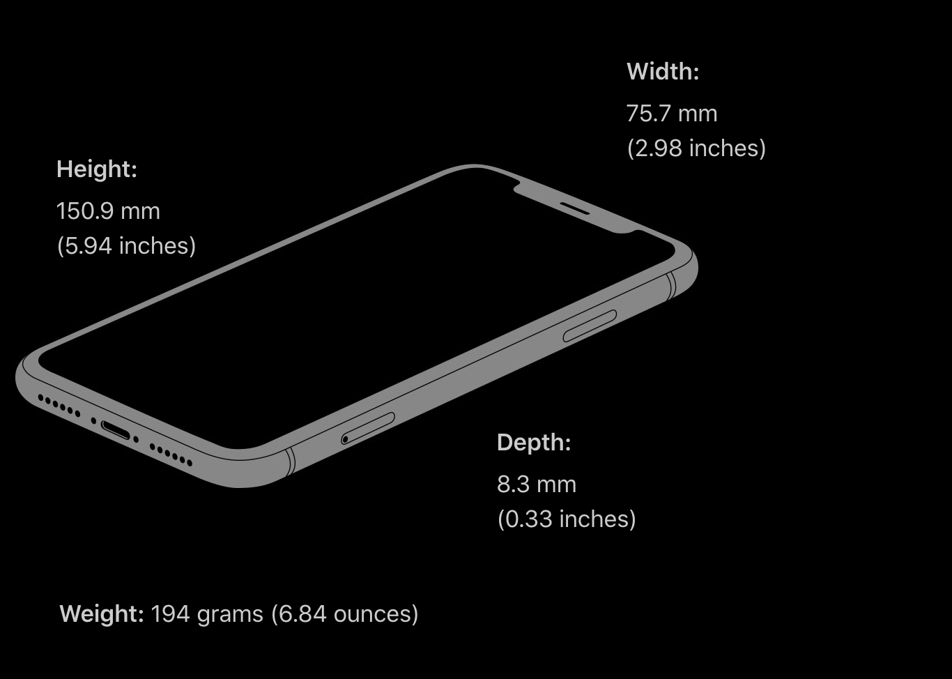 A diagram showing the dimensions and weight of a smartphone: 160.9mm height, 75.7mm width, 8.3mm depth, and 194g weight.