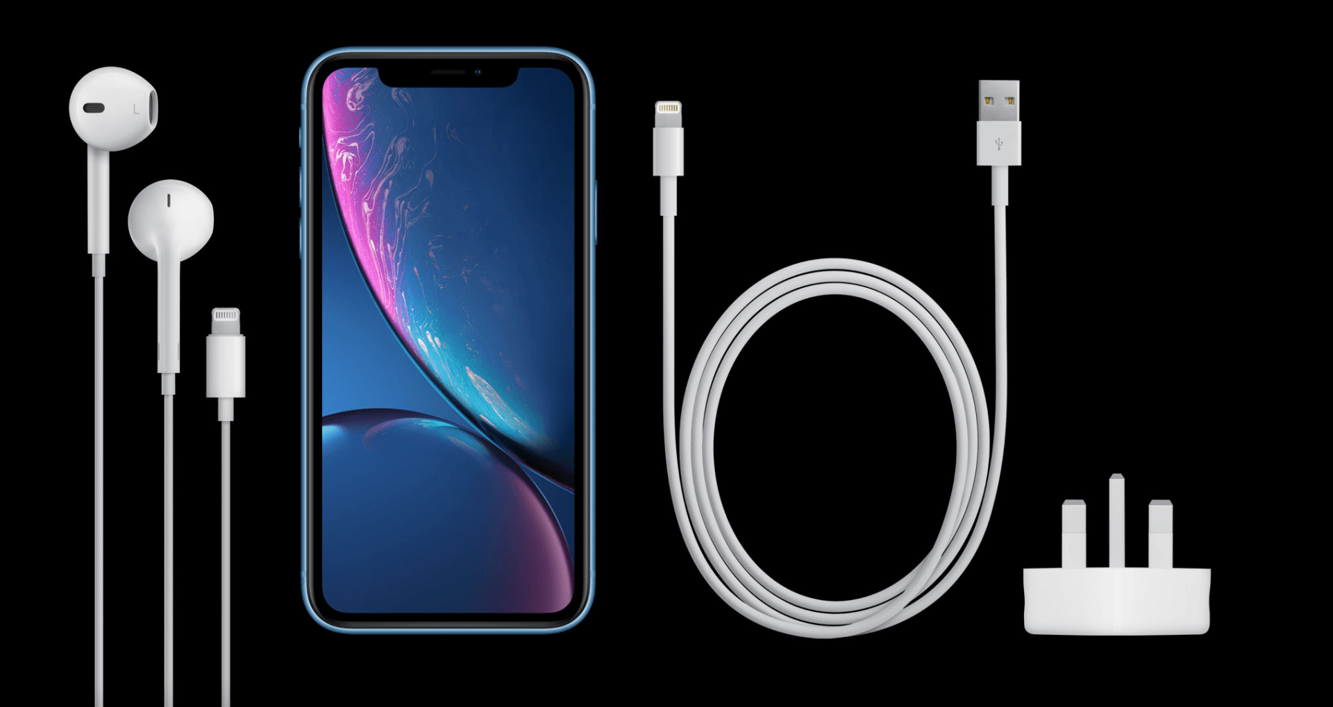 A smartphone with a blue screen, white wired earbuds, a USB-to-Lightning charging cable, and a wall power adapter.