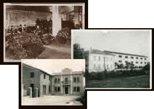 Un collage di tre foto in bianco e nero di un edificio.