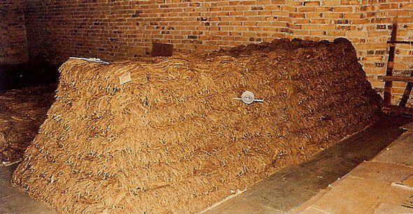 Un grande mucchio di fieno è appoggiato davanti a un muro di mattoni