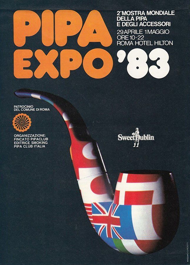 Un manifesto per la pipa expo '83 mostra una pipa con delle bandiere sopra